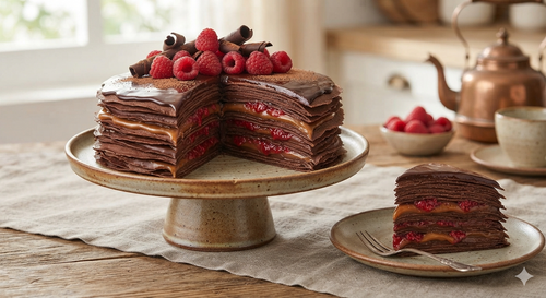 PANQUEQUE CHOCO MANJAR CON FRAMBUESA